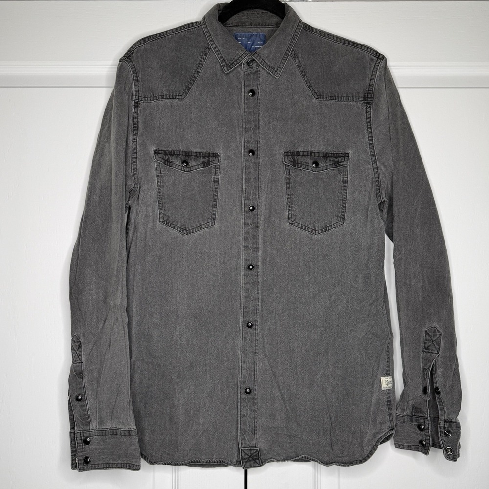 Zara Shirt Mens Medium Gray Denim Western Snap Button Up Regular Fit Casual